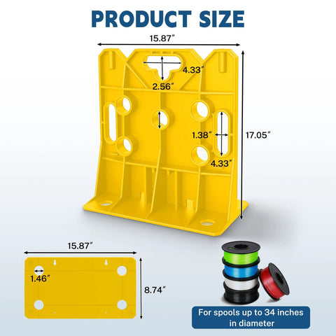 Product dimensions of yellow wire spool rack with sizes for 34-inch spools, part of Wire Spool Rack And Heavy Duty Wire Dispenser For Industrial Use, 330 Lb Capacity, Holds 34 Inch Spools, Anti Tip Base, Space Saving Cable Management Caddy In Black And Yellow