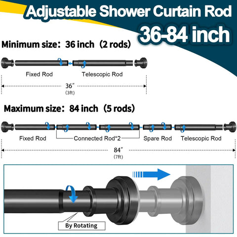 Illustration of Adjustable Spring Tension Shower Curtain Rod 36 To 84 Inches No Drilling Rustproof With Non Slip Ends Install Guide