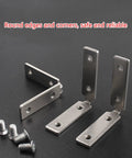 Effortless Install Right Angle Cabinet Corner Mounting Plates And Brackets For Cabinets And Wardrobes, with screws on black backdrop.