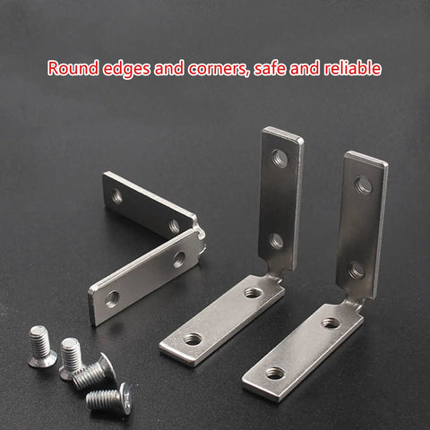 Effortless Install Right Angle Cabinet Corner Mounting Plates And Brackets For Cabinets And Wardrobes, with screws on black backdrop.