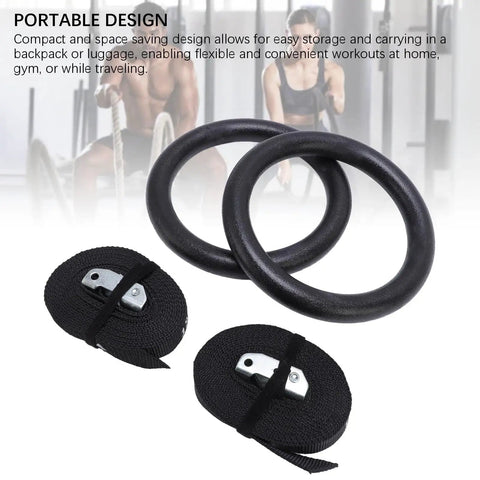 Gymnastic Rings With Straps Heavy Duty Up To Six Hundred Sixty One Lb Load Bearing Workout Equipment for home gym training.