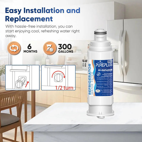 Premium Refrigerator Water Filter Replacement For Samsung NSF 53 And 42 Certified BPA Free shown with kitchen installation guide.