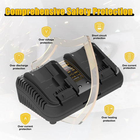 DCB102BP Replacement Charger For DeWalt 20V Max Dual Battery Charging Station With USB Ports displaying safety features