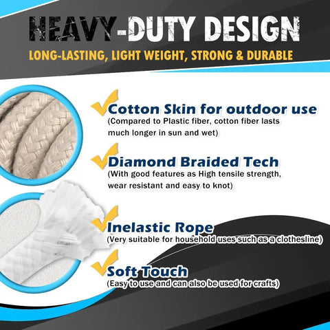 Image showing heavy-duty design features of 200 Feet Poly Cotton Rope 3 By 16 Inch Diamond Braided Your Go To All Purpose Utility Cord.