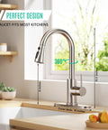 Top Shelf High Arc Kitchen Faucet With Pull Down Sprayer And Three Spray Settings Brushed Nickel Single Handle Sink Tap featuring 360 swivel rotation and quick clean finish measurements.