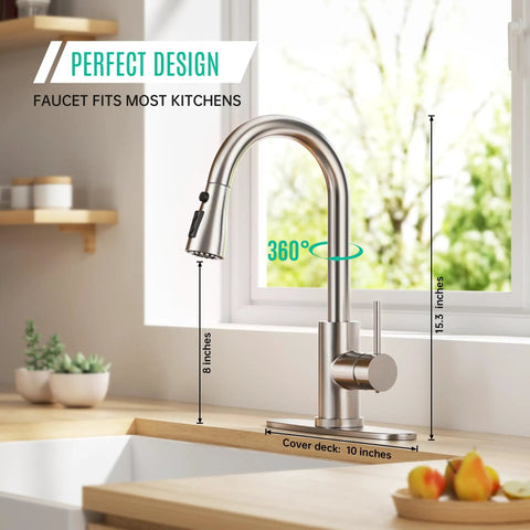 Top Shelf High Arc Kitchen Faucet With Pull Down Sprayer And Three Spray Settings Brushed Nickel Single Handle Sink Tap featuring 360 swivel rotation and quick clean finish measurements.