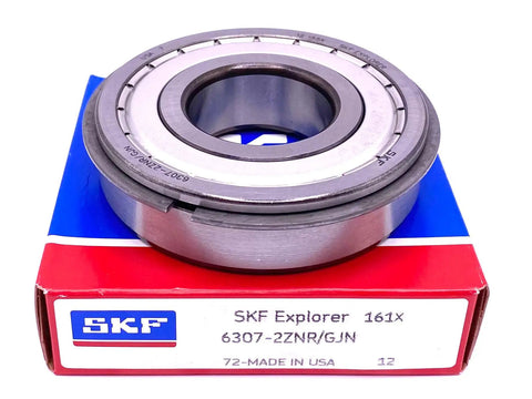 Deep Groove Ball Bearing 6307 ZZ NR GJN Workhorse 35x80x21 mm with metal shielding, snap ring, and high temp grease on SKF box