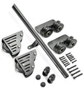 Built Tough Sliding Barn Door Track Kit With Rust Proof Extension Rail And Quiet Floor Roller For Quick Home Or Library Setup Smooth Glide Motion Reliable Structure Handles Three Hundred Thirty Pounds components including pulleys, rail, and screws.
