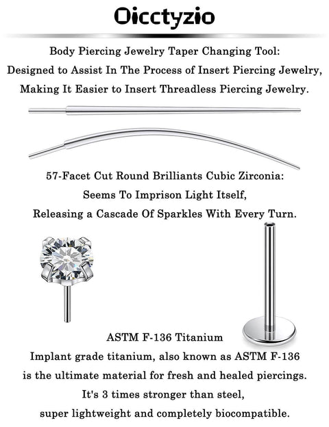Titanium Threadless Flat Back 20G Jewelry For Women Earrings Nose Ring 10mm Bar Length 3mm Cubic Zirconia Stud For Tragus Helix Conch Cartilage Piercings Medical Grade F136 Everyday Wear with 57-facet zirconia and taper changing tool