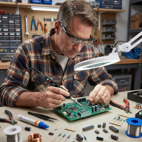Man using 60W LED Display Soldering Iron Kit With Ceramic Heater, Adjustable Temperature Soldering Gun, 12 In 1, on circuit board