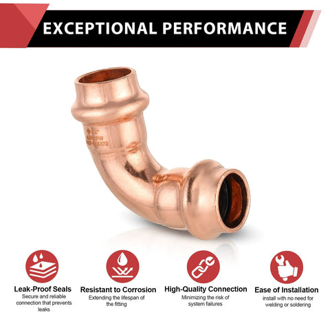 Copper press-fit 90-degree elbow fitting, 1/2 in x 1/2 in, side view