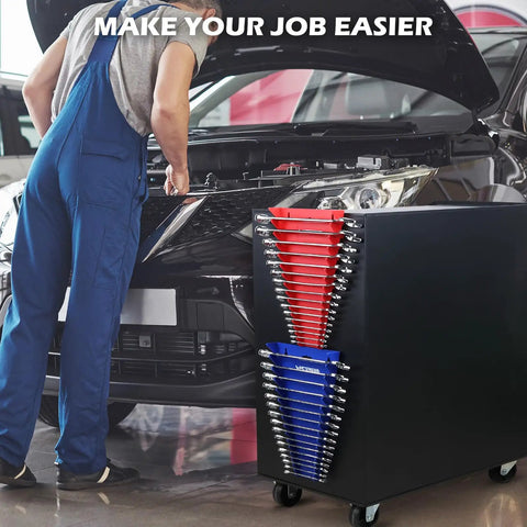 Mechanic using 2 Pack Magnetic Wrench Organizer Kit With 32 Slots For SAE And Metric Wrenches near toolbox drawer