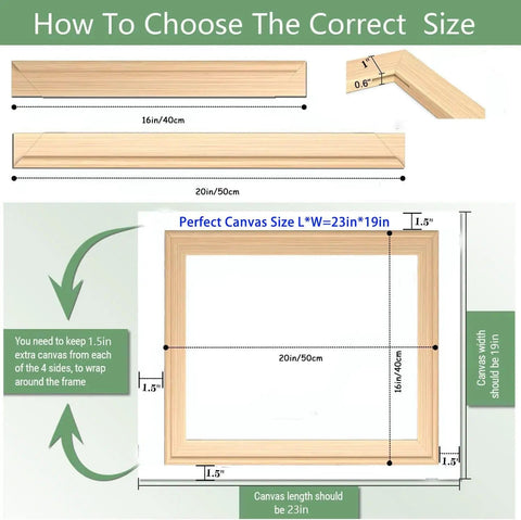 Two Pack 16 By 20 DIY Wood Canvas Stretcher Bars Set For Stretched Canvas Frames size chart with dimensions and instructions