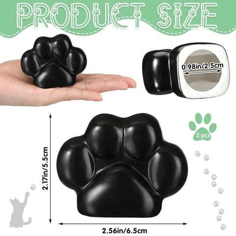 Decorative Paw Print Toilet Bolt Caps Black 2 Pack cute bathroom screw covers, sizes shown in hand and design details.
