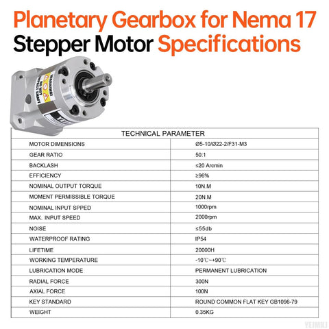 Planetary gearbox for Nema 17 stepper motor, 50:1 ratio, 20 arcmin backlash, 10.8mm input shaft phi5mm