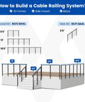 Top Shelf Stainless Steel Cable Railing Kit For Decks Side Mount Post Set Fits 13 To 19 5 Foot Spans 42 Inch Height blueprint showing installation dimensions.