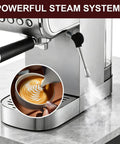 Pro Level 20 Bar Espresso Machine With Hella Smooth Built In Milk Frother Plus Fast Heating Stainless Steel System close-up of steam wand with milk frothing.