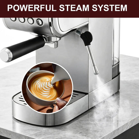 Pro Level 20 Bar Espresso Machine With Hella Smooth Built In Milk Frother Plus Fast Heating Stainless Steel System close-up of steam wand with milk frothing.