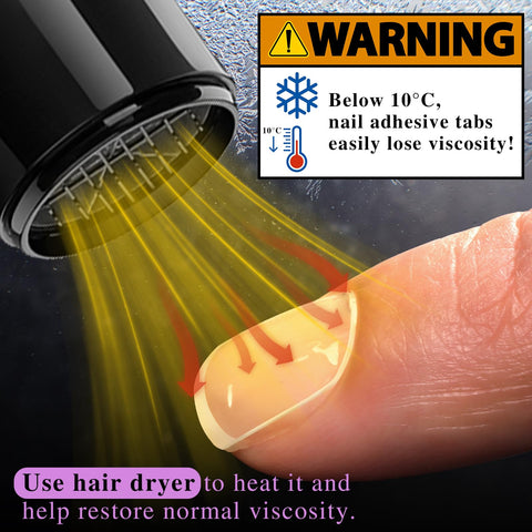 Using a hair dryer to restore viscosity on 600 Pieces Press On Nail Adhesive Tabs Set With 15 Sizes For Perfect Fit No Glue Needed