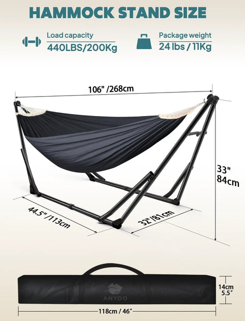 Black 2 In 1 Hammock And Swing Chair With Collapsible Steel Stand And Carrying Case Portable And Adjustable for Outdoor Use
