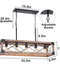 Farmhouse Linear Pendant Light For Kitchen Island And Dining Room, 5 light rustic wood grain industrial chandelier, 33.5 inch, adjustable chain detail