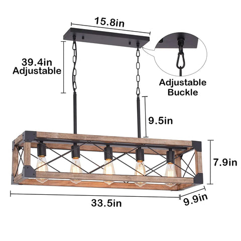 Farmhouse Linear Pendant Light For Kitchen Island And Dining Room, 5 light rustic wood grain industrial chandelier, 33.5 inch, adjustable chain detail
