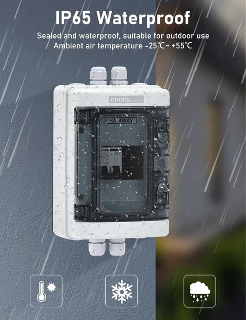 Outdoor Breaker Box 15 Amp Miniature Circuit Breaker With DIN Rail Enclosure Solar Disconnect Switch IP65 Waterproof DC 12 to 500V AC 90 to 480V No Polarity Big Wiring Space Easy Install mounted outdoors under rain
