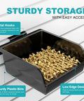 Black plastic slatwall bin with hooks filled with brass hardware, showcasing 12 Pack Slatwall Bins With Hooks For Garage Workshop And Kitchen Organization Durable Plastic Slatwall Accessories Set For Hardware Craft Room Tool Shed Workbench Easy Mount And Rearrangeable