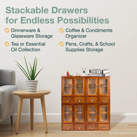 Four Piece Stackable Mini Cupboard Set With Eight Drawers And Glass Doors In Dark Mahogany Wood For Pantry Kitchen Bath Or Garage Storage Fully Assembled And Ready To Organize next to a plant on a table.