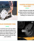 Close-up of Straight Fire Rideable Electric Suitcase 20 Inch Smart Carry On Luggage For Adults with hidden pull rod and oversized tires.