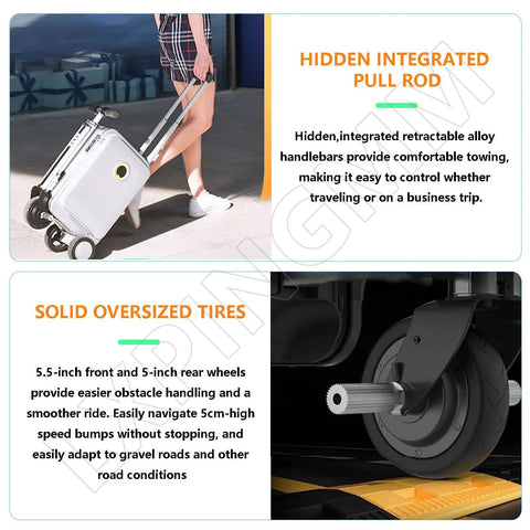 Close-up of Straight Fire Rideable Electric Suitcase 20 Inch Smart Carry On Luggage For Adults with hidden pull rod and oversized tires.
