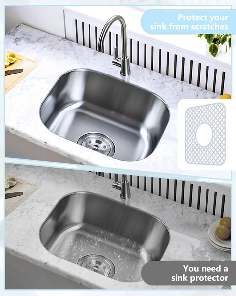 Kitchen sink with and without Two Pack Silicone Sink Protectors For Kitchen Sink With Trellis Pattern, 13 By 11 Inches, overlay.
