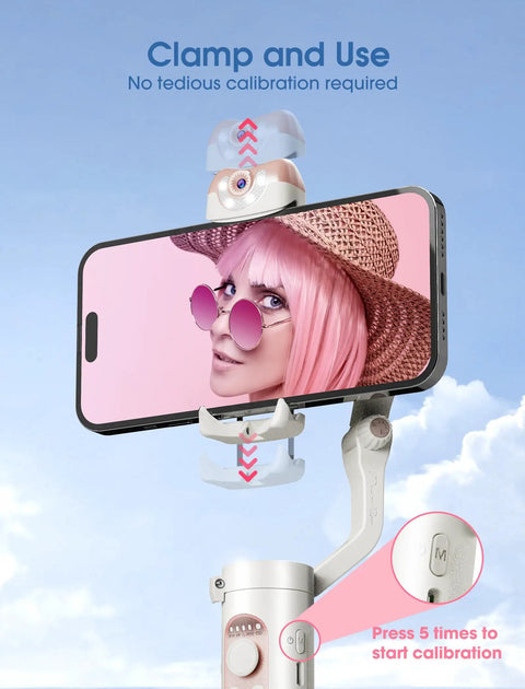 3-Axis Smartphone Gimbal Stabilizer With AI Tracking And Fill Light clamping a phone displaying a woman in a hat and sunglasses