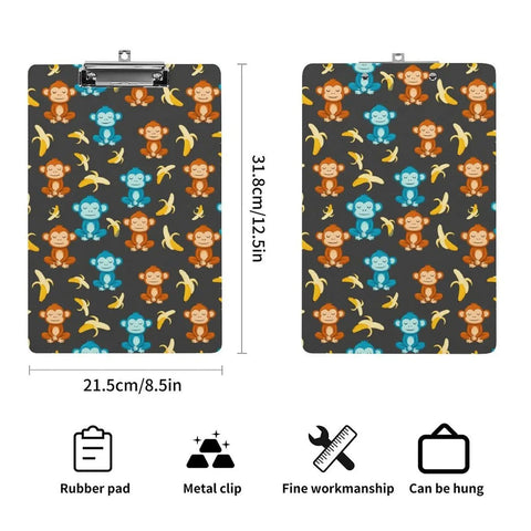Thick Acrylic Clipboard for Office and Warehouse Durable Clipboard That Totally Holds US Letter or A4 Papers Hanging Hole Clear Desk Organizer for Notes, Sketches, and Everyday Work Banana Theme, 8.5 x 12.5 in monkey print