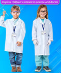 Kids Scientist Costume Lab Coat With Goggles Glasses ID Card And Gloves For Pretend Play Hands On Science Projects Career Day And Halloween Dress Up For Boys And Girls XL Size, showing boy and girl in lab coats with ID cards, gloves, and goggles.