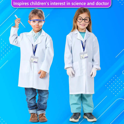 Kids Scientist Costume Lab Coat With Goggles Glasses ID Card And Gloves For Pretend Play Hands On Science Projects Career Day And Halloween Dress Up For Boys And Girls XL Size, showing boy and girl in lab coats with ID cards, gloves, and goggles.