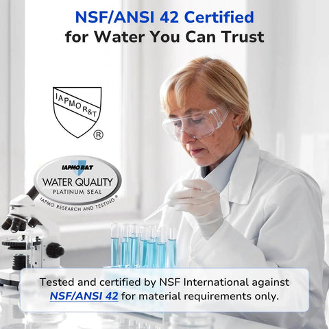 Scientist testing water quality for NSF/ANSI 42 certification in a lab