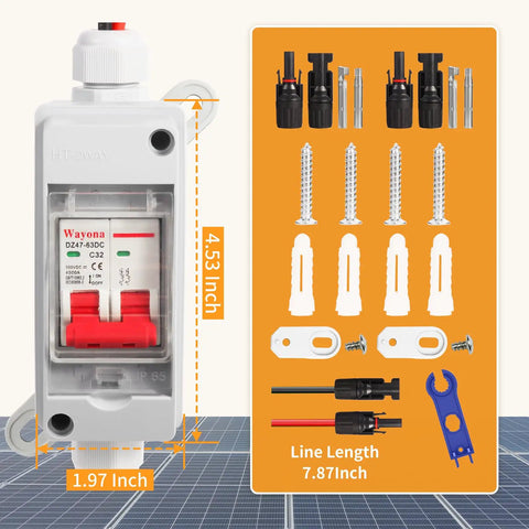 Solar Panel Disconnect Switch With IP65 Waterproof Rating Back Mounted DC 500V 32A Mini Circuit Breaker Box image with installation kit
