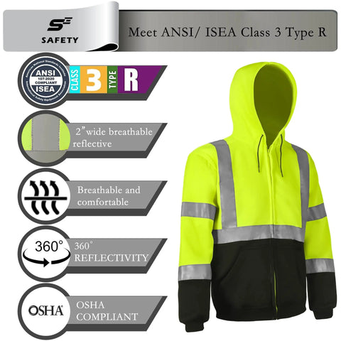 High Visibility Class 3 Zip Up Hoodie Sweatshirt For Men With Reflective Stripes Padded Lining Stain Resistant Fabric Black Bottom
