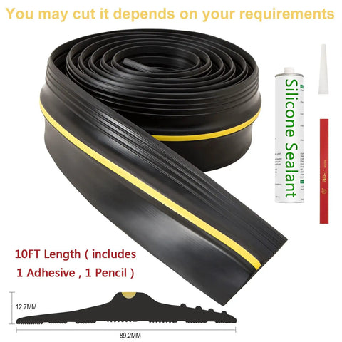 Garage Door Bottom Seal Weather Stripping Kit, 10 Ft Rubber Threshold Seal With Adhesive and Sealants displayed in a coil.