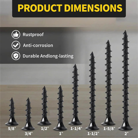 Tough As Nails Black Wood Screws For Drywall And Sheetrock Flat Head Coarse Thread Design Phillips Drive displayed by size.