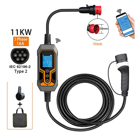 Portable Type 2 EV Charger 11KW 16A 3 Phase Wireless App Control Electric Vehicle Charging Cable 5 Meters has a sleek design with a display.