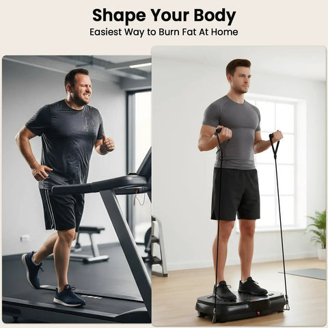 Man using Vibration Plate Exercise Machine for home fitness with full body vibration, weight loss and lymphatic drainage, 400 lb capacity.