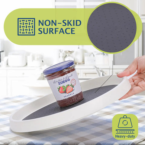 Set Of 4 10 Inch Rotating Lazy Susan Organizer With Non Skid Beaded Surface And No Slip Feet showcasing gray surface with jam jar
