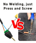 Comparison of solderless 3.5mm stereo adapter and soldering tool for audio projects with visible wires and connections.