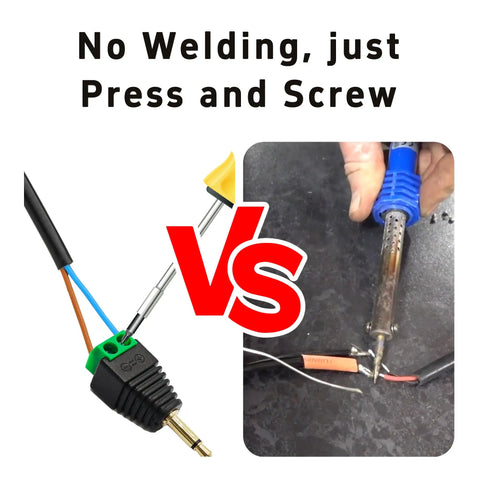 Comparison of solderless 3.5mm stereo adapter and soldering tool for audio projects with visible wires and connections.