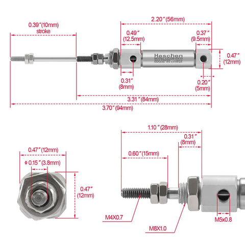 Slim Stainless Steel Air Pneumatic Cylinder CDJ2B 10 By 10 With M5 Port 10mm Bore 10mm Stroke double acting linear actuator dimension diagram