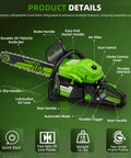Image of Gas Chainsaw With 58cc 2 Cycle Engine, 3.6 HP, 18 and 22 Inch Bars, featuring highlighted parts for durability and safety.