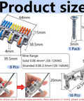 Hassle Free Three In Twelve Out Lever Terminal Block Kit With Rock Solid Splicing Connectors For Din Rail Screw Mount and 28 To 12 AWG Conductors Includes Eight Heavy Duty Packs with detailed size measurements.
