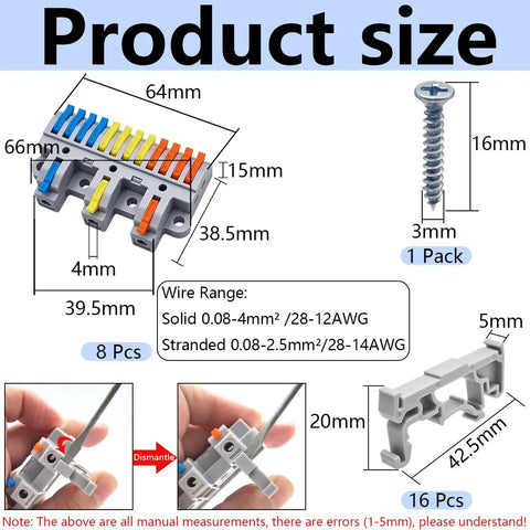 Hassle Free Three In Twelve Out Lever Terminal Block Kit With Rock Solid Splicing Connectors For Din Rail Screw Mount and 28 To 12 AWG Conductors Includes Eight Heavy Duty Packs with detailed size measurements.